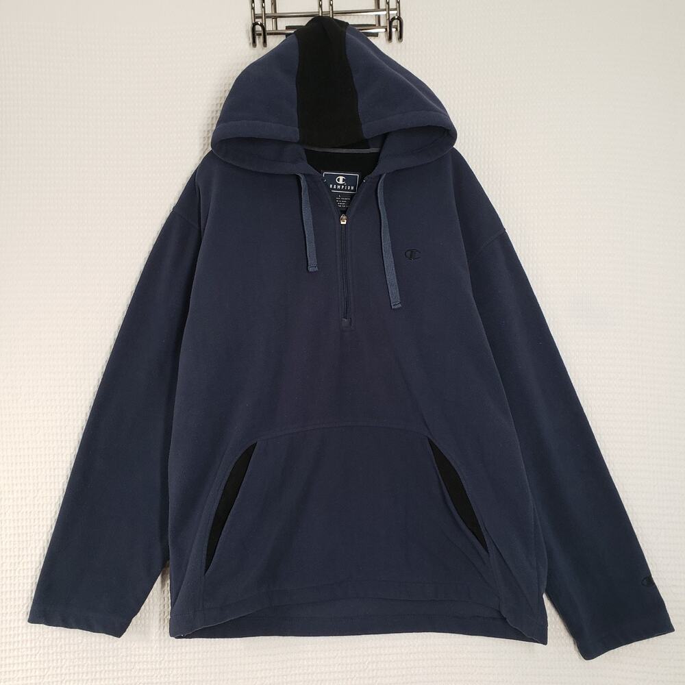 Vintage Champion 1/4 Zip Fleece Hoodie Mens Large Blue Streetwear Y2K Sweatshirt